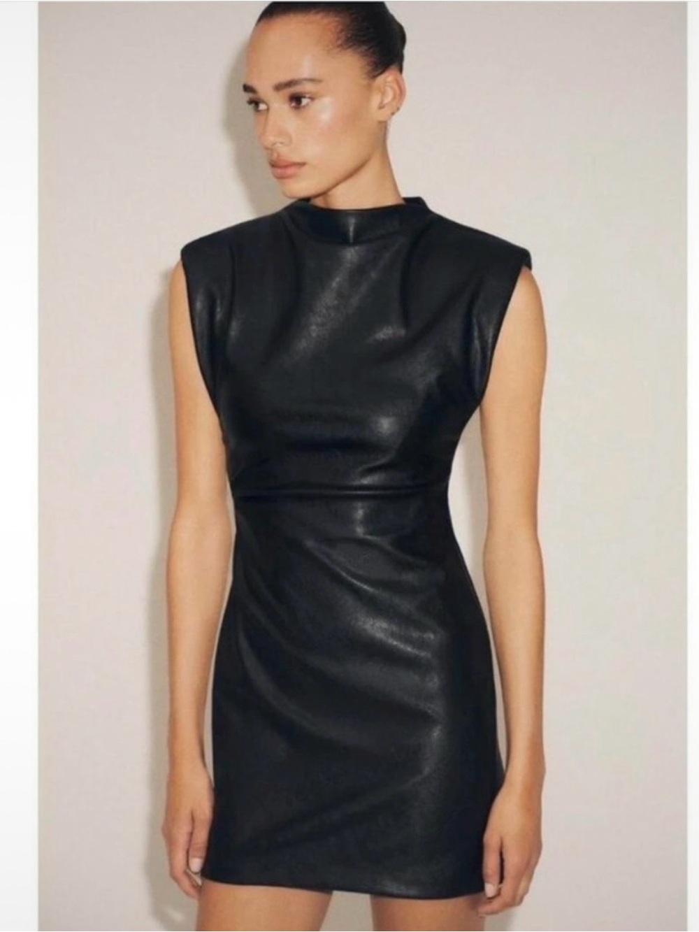 Zara Black Faux-Leather Mini Dress with Padded Shoulders